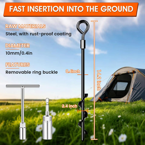 Beefy Heavy Duty Screw In Ground Anchors For Trampolines And Tents, Quick Install Stakes, T Type Wrench, Drill Socket shown