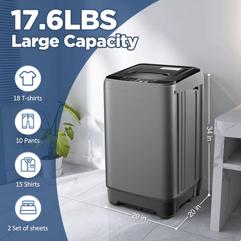Heavy Duty Portable Washing Machine With Self Draining Pump Ten Auto Wash Cycles And Slick LED Interface Slides Into Tiny Kitchens For Apartments Rv Dorm And Home No Fuss Laundry Days Just Hit Cycle And Chill with 17.6 lb capacity.