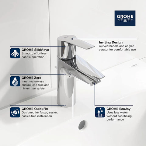Eurosmart Single Hole Bathroom Faucet Single Handle Chrome Finish 1.2 GPM Flow on sink, with angled aerator and branding details