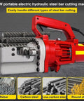 MXJCKSOQ Electric Hydraulic Rebar Cutter Handheld Steel Bar Cutting Machine 1250W Motor showing blades and types of steel.
