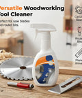 Heavy Duty Saw Blade Cleaner Spray For Quick Resin And Pitch Cleanup near saw blade and router bits on a workbench.
