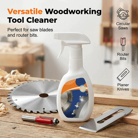 Heavy Duty Saw Blade Cleaner Spray For Quick Resin And Pitch Cleanup near saw blade and router bits on a workbench.