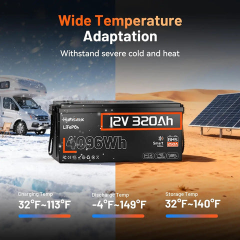 12V 320Ah LiFePO4 battery with Bluetooth and 250A BMS, 4096Wh, IP65 weatherproof, displayed in cold and hot environments.