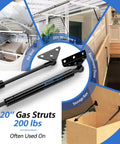 Heavy Duty 20 Inch Gas Struts Delivering 200 Pound Rock Solid Lifting Power For Sturdy Lid Mounting With Integrated One Piece Brackets shown in various uses like RV bed and basement door.