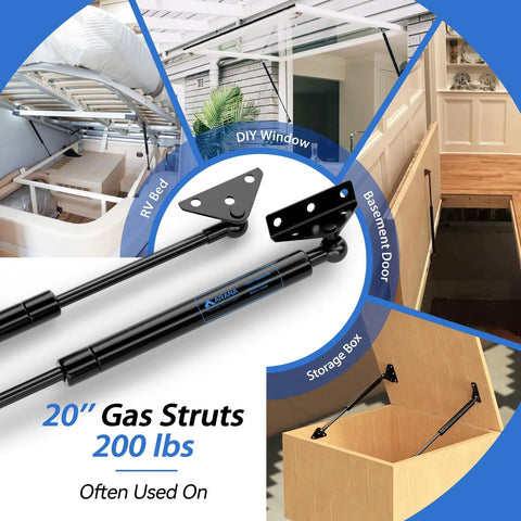 Heavy Duty 20 Inch Gas Struts Delivering 200 Pound Rock Solid Lifting Power For Sturdy Lid Mounting With Integrated One Piece Brackets shown in various uses like RV bed and basement door.