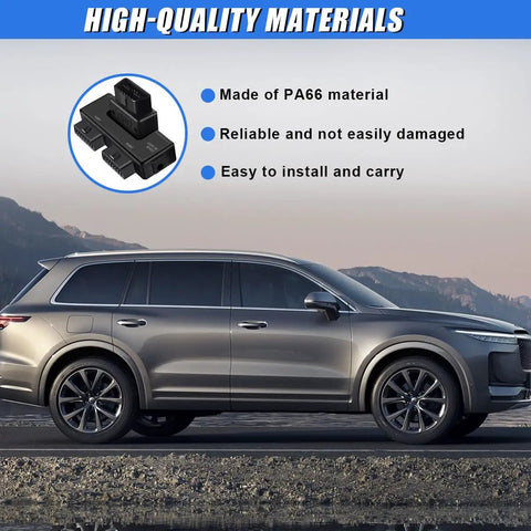 OBDII Splitter With Rotatable Male Port And Full 16 Pin Design, adapter shown with a car and product features.