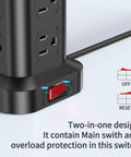 Close-up of a 16 In 1 Tower Power Strip with 12 AC outlets, 4 USB ports including USB C, 6.5 ft cord, showing main switch and reset button.