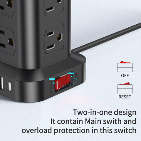 Close-up of a 16 In 1 Tower Power Strip with 12 AC outlets, 4 USB ports including USB C, 6.5 ft cord, showing main switch and reset button.