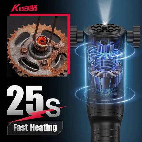 Powerful 1500W Handheld Induction Heater for fast rusty bolt removal with glowing coil and gear illustration