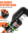 Close-up of Hydraulic Crimping Tool Kit With 9 Die Sets, highlighting 360-degree rotating head for easy access.