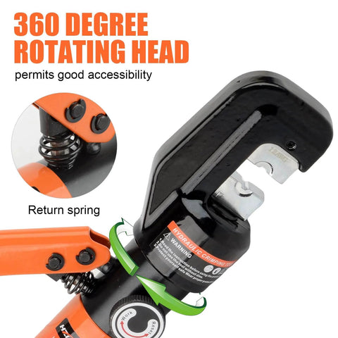 Close-up of Hydraulic Crimping Tool Kit With 9 Die Sets, highlighting 360-degree rotating head for easy access.