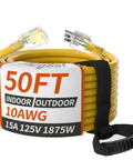 Beefy 50 Foot 10 Gauge Outdoor Extension Cord With Lighted Indicator Waterproof Heavy Duty 15 Amp 1875 Watt 3 Prong NEMA 5-15P 5-15R SJTW Yellow ETL Listed