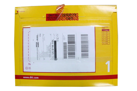 DHL Express yellow shipping parcel with white tracking label and barcode.