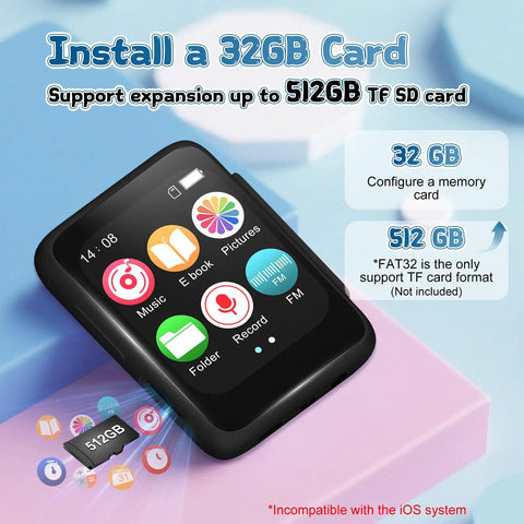 Totally Kid Friendly Bluetooth MP3 Player For Kids With 32GB Storage highlighting 512GB TF SD card expansion feature
