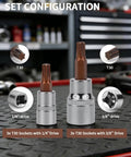 Torx T30 Socket Set Six Piece With One Quarter Inch And Three Eighth Inch Drives S2 Steel Star Sockets on workshop table