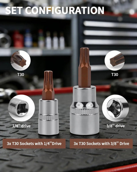 Torx T30 Socket Set Six Piece With One Quarter Inch And Three Eighth Inch Drives S2 Steel Star Sockets on workshop table