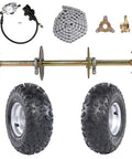 Beefy 1 Inch By 32 Inch Live Axle Kit With 145/70-6 Wheels And Rims, Chain Sprocket, Brake Master Cylinder shown unassembled