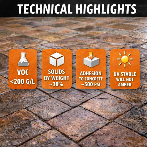 Technical highlights of Pro Level Wet Look High Gloss Sealer For Pavers Concrete And Stone detailing VOC, solids, adhesion, and UV stability.