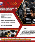 Industrial-grade grease infographic for auto, farm, and trailer use, featuring gear components and grease application benefits.