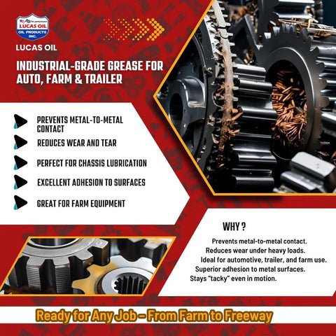 Industrial-grade grease infographic for auto, farm, and trailer use, featuring gear components and grease application benefits.