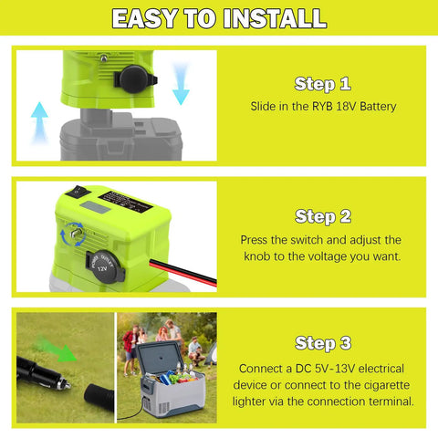 Installation steps for Step Down Voltage Adapter For 18V Tool Battery To 5V-13V Adjustable Regulator with images.