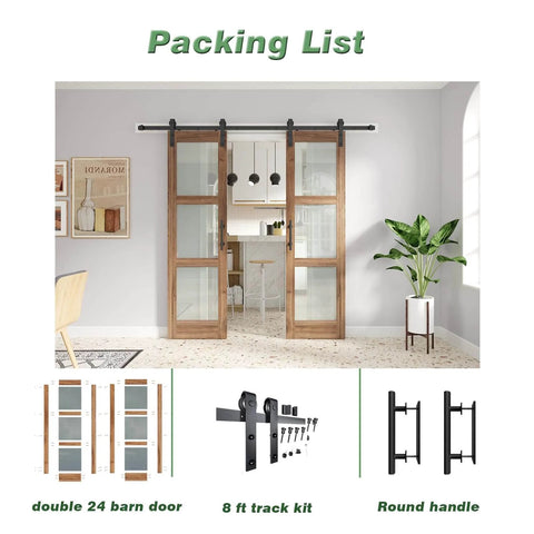 Double 24x84 Inch Glass Barn Doors With 48 Inch Opening, 8 Ft Hardware Kit And Handle Included, installed in living room
