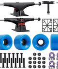 Entry Level Skateboard Parts Starter Kit With 2 Trucks 60mm High Rebound Wheels ABEC 9 Bearings T Tool Riser Pads And Hardware For Beginners Blue Ideal Gift For New Riders And Proving Yourself On The Board Every Day. Visual of the kit components arranged, showcasing trucks, blue wheels, and tools.