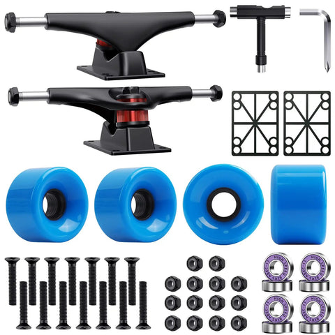 Entry Level Skateboard Parts Starter Kit With 2 Trucks 60mm High Rebound Wheels ABEC 9 Bearings T Tool Riser Pads And Hardware For Beginners Blue Ideal Gift For New Riders And Proving Yourself On The Board Every Day. Visual of the kit components arranged, showcasing trucks, blue wheels, and tools.
