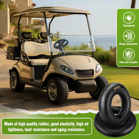 Premium Heavy Duty 18x8.50-8 And 18x9.50-8 Inner Tube Featuring Tr-13 Valve Stem Heavy Hauler beside golf cart on outdoor path.