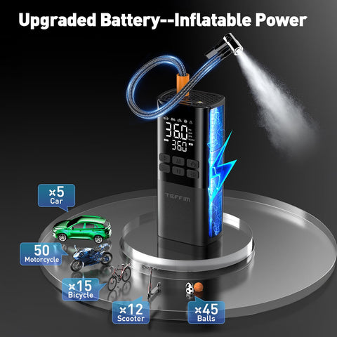 Portable Car Tire Inflator And Air Compressor With Pressure Gauge And LED Light Auto Shut Off At Preset PSI shown with inflatables