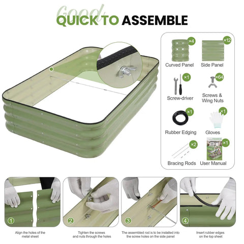 Illustration showing the quick assembly of a 4-In-1 Adjustable Raised Garden Bed Kit With Galvanized Planter Boxes For Vegetables And Flowers.