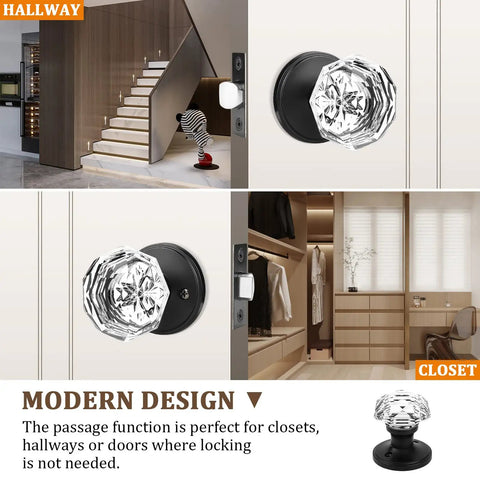 Six Pack Crystal Door Knobs Set For Interior Passages Non Locking Hallway And Closet Door Handles With Heavy Duty Glass Knob And Flat Black Zinc Rosette Smooth Touch Durable Build in hallway and closet door setups