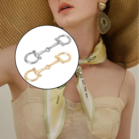 4 Piece Horse Bit Buckle Set In Silver And Gold with Double Silk Scarf Ring on woman's neck for DIY jewelry and shoe decor