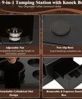 Grab This Legit 10 Piece Espresso Accessories Kit To Level Up Your Morning Routine Featuring A Sleek 51mm Tamping Station And Solid Milk Frothing Pitcher For Serious Coffee Crews Everywhere showing adjustable nut and knock box.