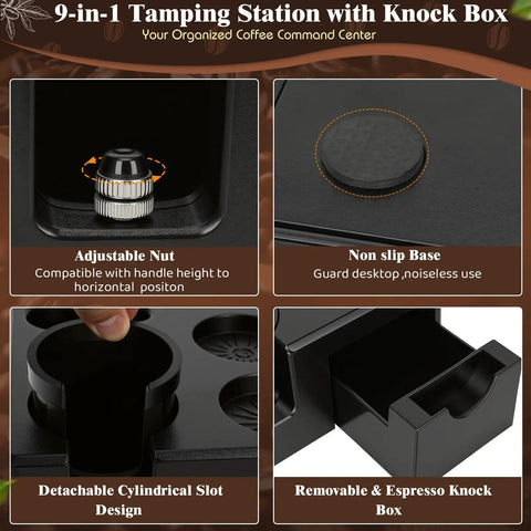Grab This Legit 10 Piece Espresso Accessories Kit To Level Up Your Morning Routine Featuring A Sleek 51mm Tamping Station And Solid Milk Frothing Pitcher For Serious Coffee Crews Everywhere showing adjustable nut and knock box.