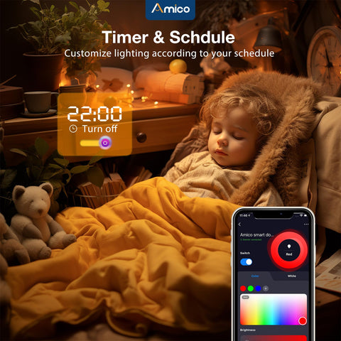 Child sleeping under warm light with 12 Pack 6 Inch LED Recessed Ceiling Lights With Night Light, 5 CCT Switchable app.
