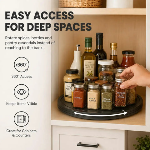 No Fuss 18 Inch Lazy Susan Turntable Dead Solid Swivel Cabinet Tray With Steel Ball Bearings for organized spices and bottles.