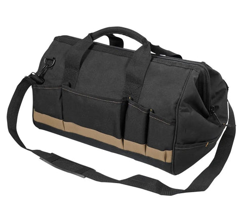 Megamouth 18 Inch Tool Tote With 25 Pockets And Wide Open Mouth, black heavy duty organizer bag with shoulder strap