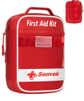 Front view of red Senvok first aid kit bag with white trim and US flag patch