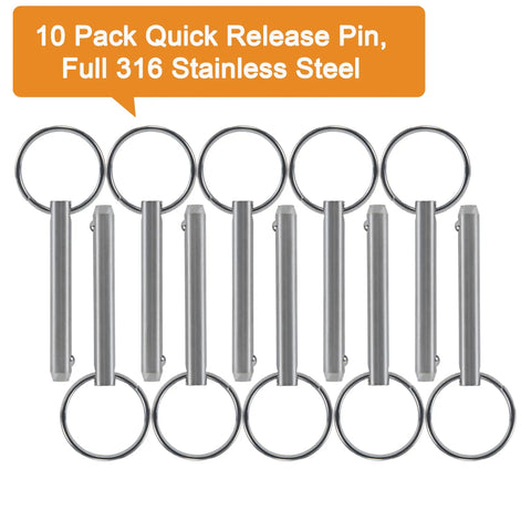 Ten Pack Quick Release Pins In Marine Grade 316 Stainless Steel With Spring Loaded Detent Ball Tip For Boats And Bimini Tops, 1 Quarter Inch Diameter