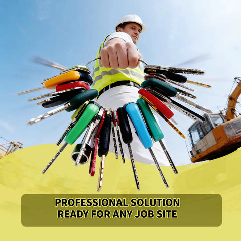 Heavy Equipment Keys Master Set For Construction Machines, 32 Piece Universal Key Kit held by a worker on a construction site.