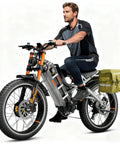 Heavy Duty 26 Inch Electric Bike With Badass 6000W Dual Motor And 80Ah Battery, 52 Mph Top Speed, 300 Mile Long Range, Full Suspension Hydraulic Brake Dirt Crusher For Adults Cruising, rider on bike with bags.