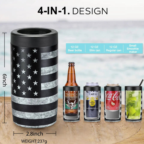 4 In 1 Slim Can Cooler Insulated Stainless Steel Holder Fits 12 Oz Cans Regular Cans Beer Bottles And Drinking Cup Double Wall Keeps Drinks Icy Cold Black American Flag