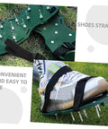 Sixteen Piece Durable Lawn Aerator Shoes With Boss Grade Spike Straps attached to sneaker for lawn care tasks