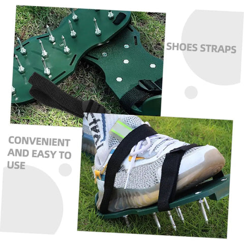 Sixteen Piece Durable Lawn Aerator Shoes With Boss Grade Spike Straps attached to sneaker for lawn care tasks