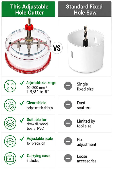 Heavy Duty Adjustable Hole Saw Cutter Kit Twin Blade Drywall Tool For Recessed Lights comparison image showcasing adjustable vs fixed hole saw features.