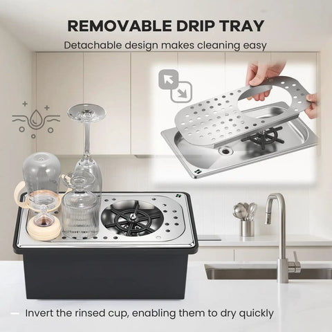 Smooth Operator Pitcher Rinser With 360 Degree Rotating Nozzle For Spotless Mugs And Glasses showing removable drip tray and glassware.