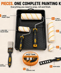 Top Shelf DIY Home Improvement Paint Roller Kit With Wired Cage Trays Sturdy Angled Brushes Nine And Four Inch Rollers Heavy Duty Masking Tape And Mixing Wand For Buttery Smooth Walls including paint tray, rollers, brush, tape, and mixer.
