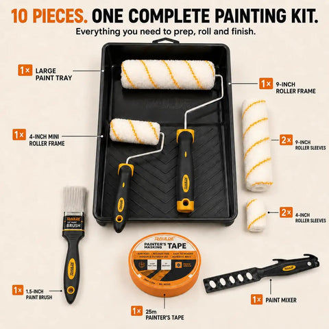 Top Shelf DIY Home Improvement Paint Roller Kit With Wired Cage Trays Sturdy Angled Brushes Nine And Four Inch Rollers Heavy Duty Masking Tape And Mixing Wand For Buttery Smooth Walls including paint tray, rollers, brush, tape, and mixer.