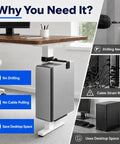 Slick Under Desk PC Mount Features A No Drill Hassle Setup For Standing Desks And Adjustable Workstations While Providing Dang Secure Grip For Your Computer CPU To Keep Your Home Office Clean, showing a gray PC holder clamp.